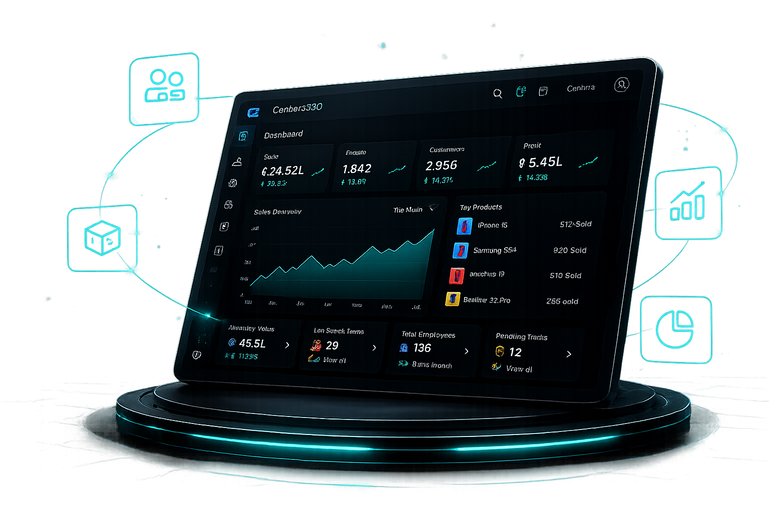 Centera360 dashboard on a tablet with orbiting modules for team, inventory, analytics and reports